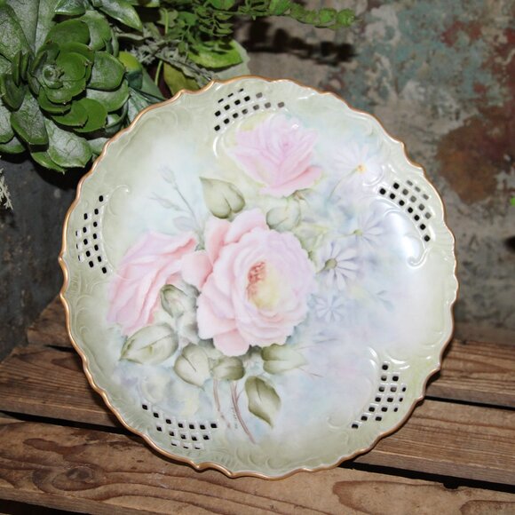 VTG Shabby Chic French Gold Trimmed Pink Floral Cake Plate Pastry Stand Riser - Picture 2 of 8